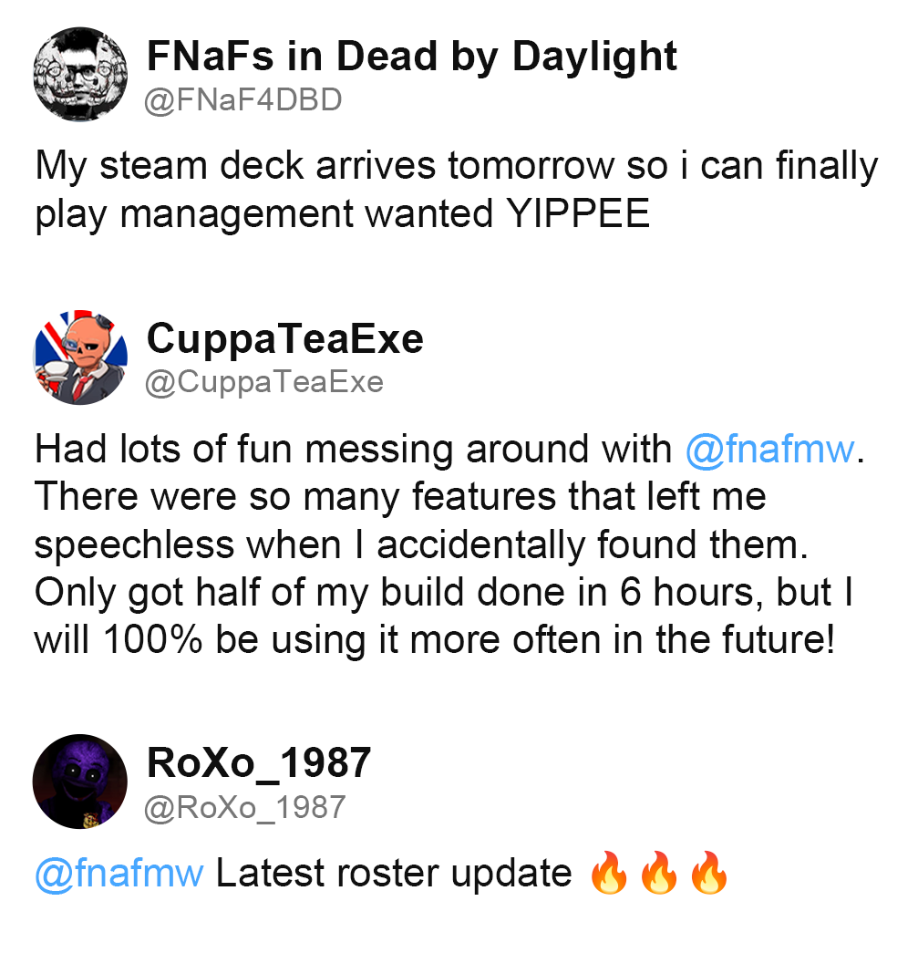 Tweets made by @FNAF4DBD, @CuppaTeaExe, and @RoXo_1987